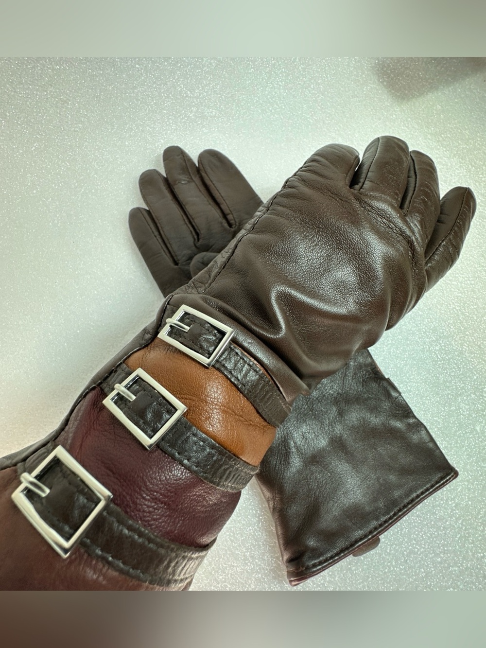 Fashion Expressions Leather Silk Gloves Brown Burgundy Silver Buckles Medium